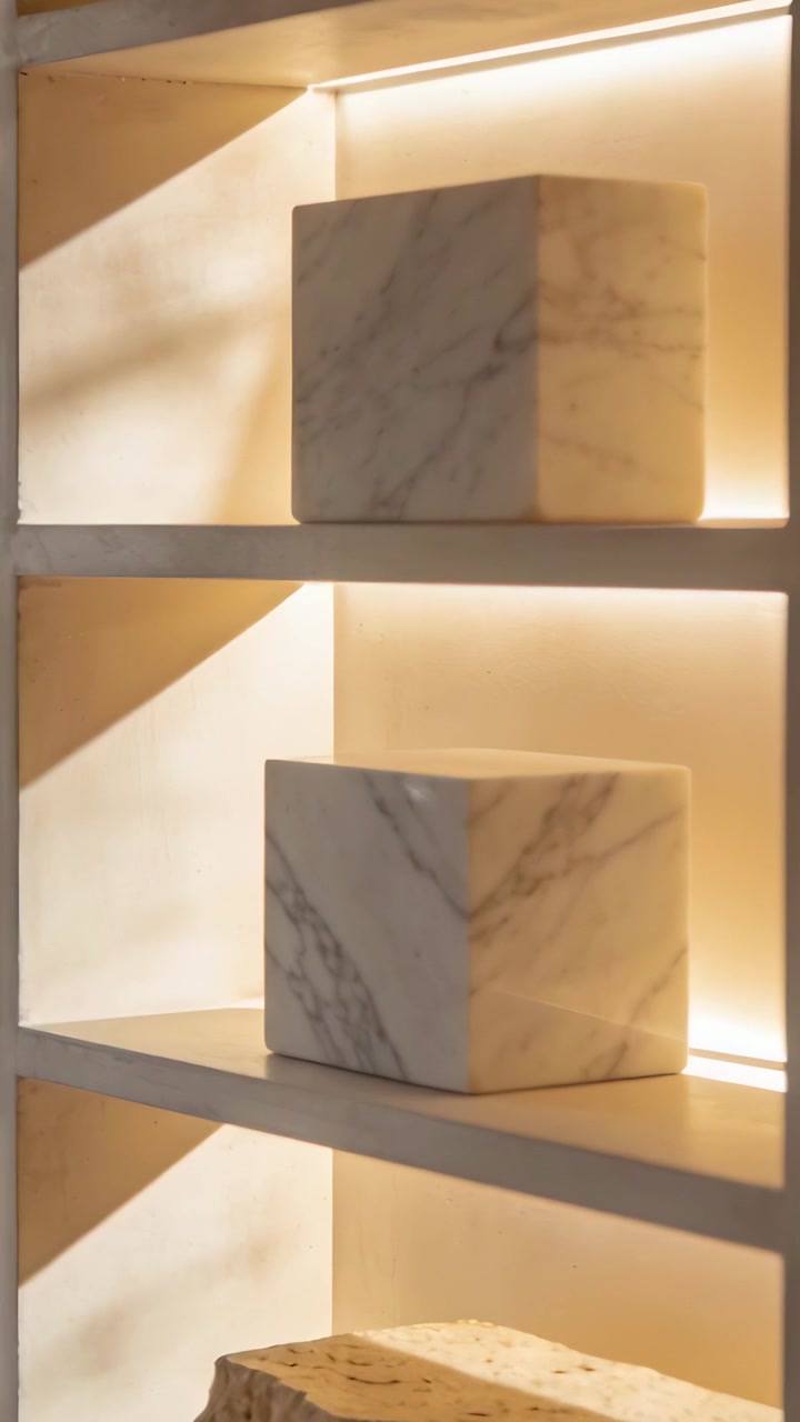 Video verticale: Panoramica ravvicinata della telecamera su uno scaffale di showroom che mostra un cubo di marmo e una pietra grezza.