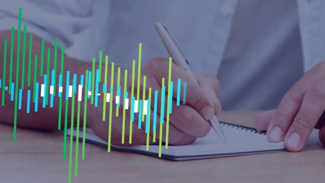 animation of financial data processing over caucasian businessman writing