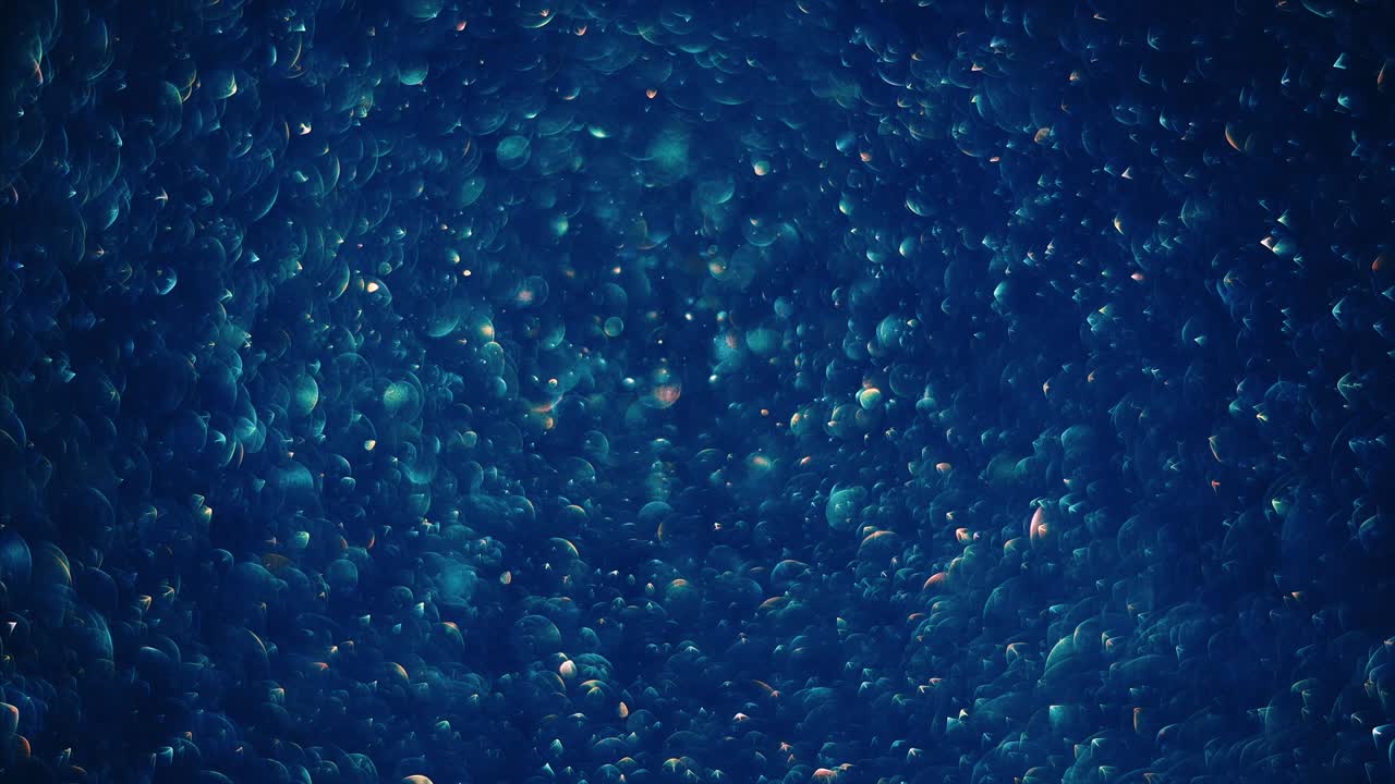 투명한 비누 거품의 혼란스러운 움직임과 함께 추상적인 어두운 파란색 배경, 공 회전, 추상적인 분자 브라운 운동.