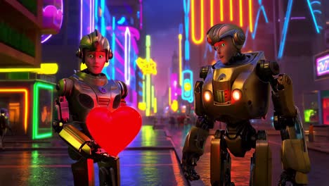 robot couple sharing a heart in a neon city