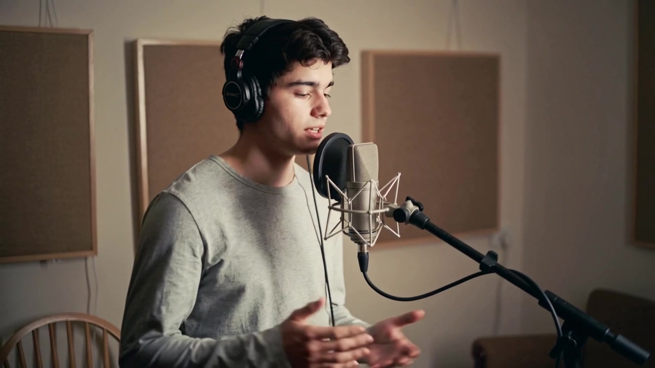 Un cantante maschio che si sporge registra la voce in un microfono a condensatore in studio, indossando una camicia e delle cuffie.