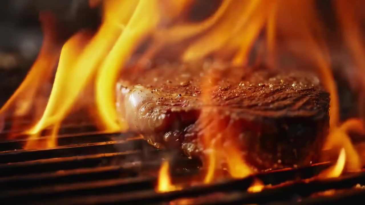 Deliziosa bistecca di manzo che cuoce su una griglia calda con rosmarino