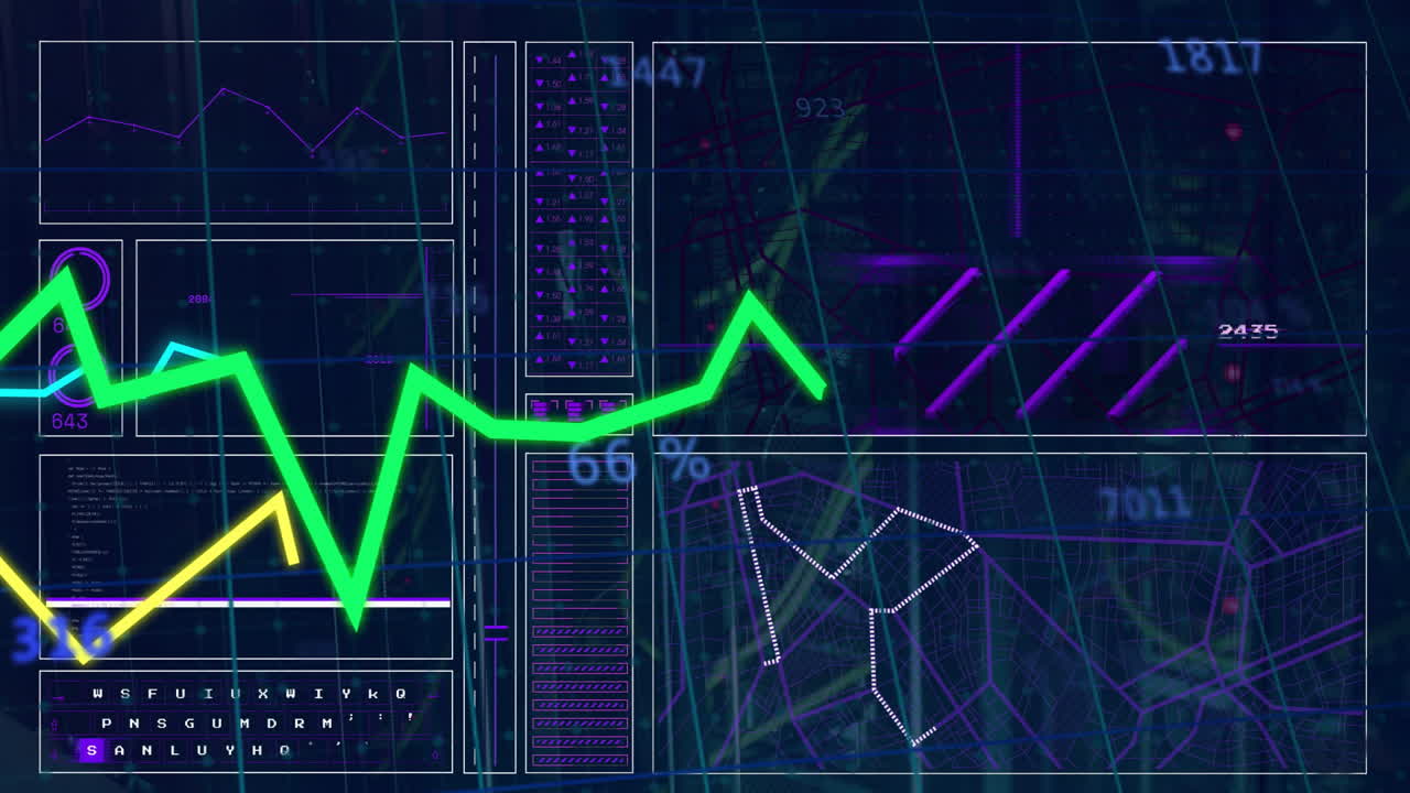 Digital financial data and graphs with green line chart animation