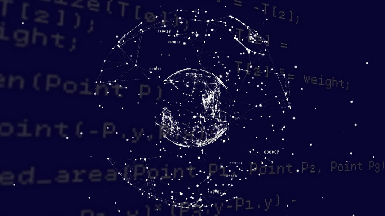 Animation of connected dots forming globes and computer language over black background