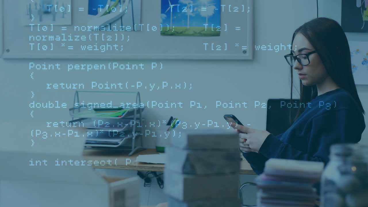 스마트 폰을 사용하는 백인 사업가 여성에 대한 데이터 처리 애니메이션