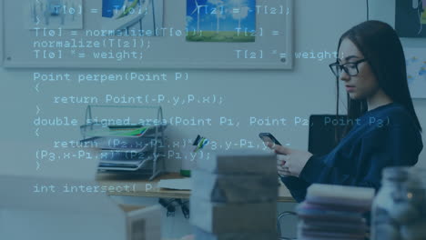 animation of data processing over caucasian businesswoman using smartphone