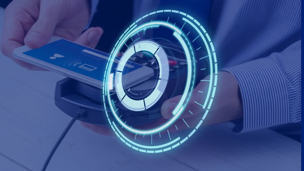Animation of scope scanning over hands paying with smartphone