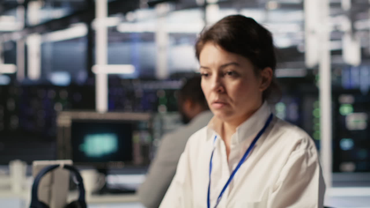 Vertical video Fatigued data center engineer stretching, monitoring server clusters