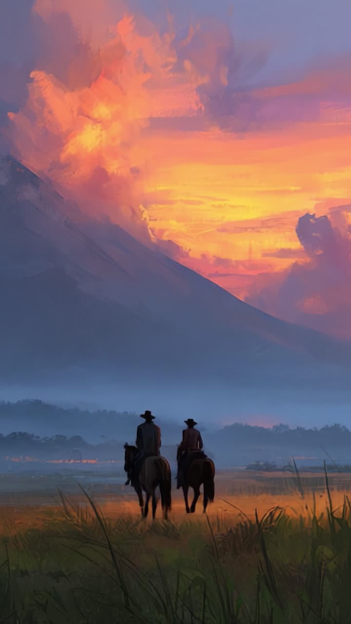 Due cavalieri in silhouette attraversano un paesaggio vibrante caratterizzato da un maestoso vulcano e un tramonto mozzafiato, catturando la serena bellezza della natura.