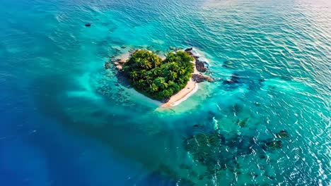 a small island in the middle of the ocean surrounded by palm trees