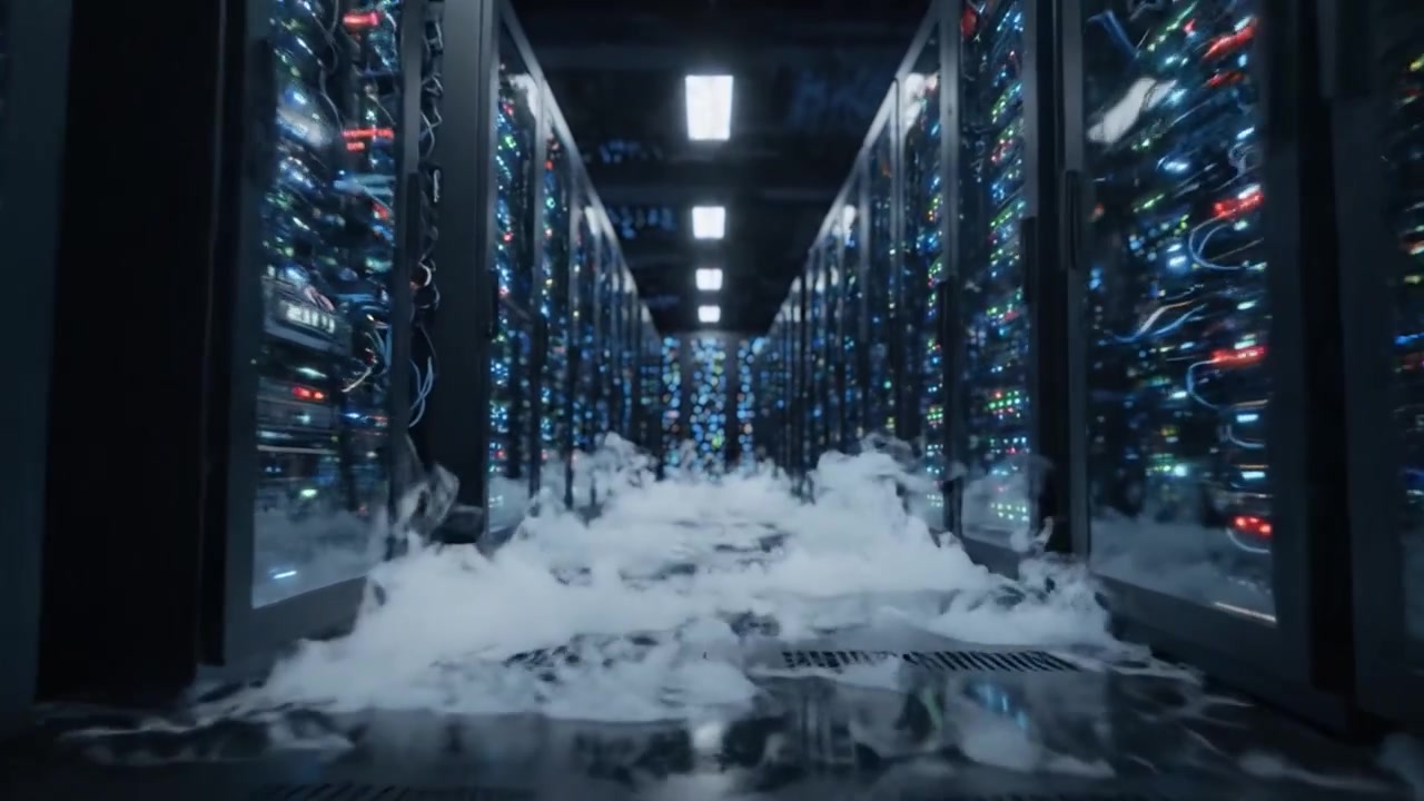 En betagende udsigt inde i et højteknologisk datacenter: Oplyste servere midt i atmosfærisk tåge, der skaber en dramatisk visuel oplevelse og et teknologisk vidunder