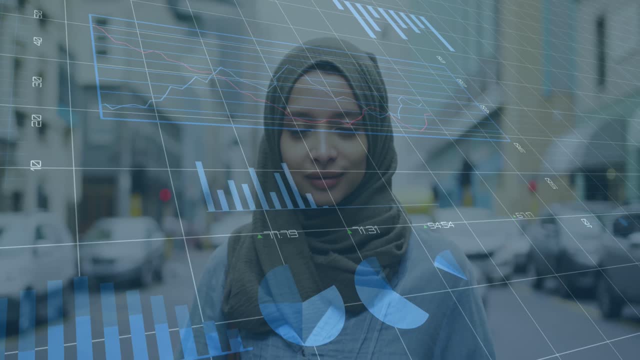 Animation of statistical data processing over portrait of biracial woman in hijab smiling on street