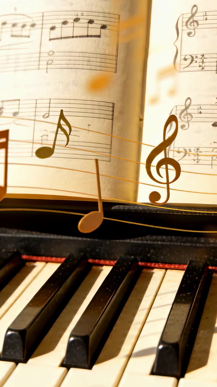 Vertical video: Appearing golden notes drifting over piano keys in studio with open score red felt