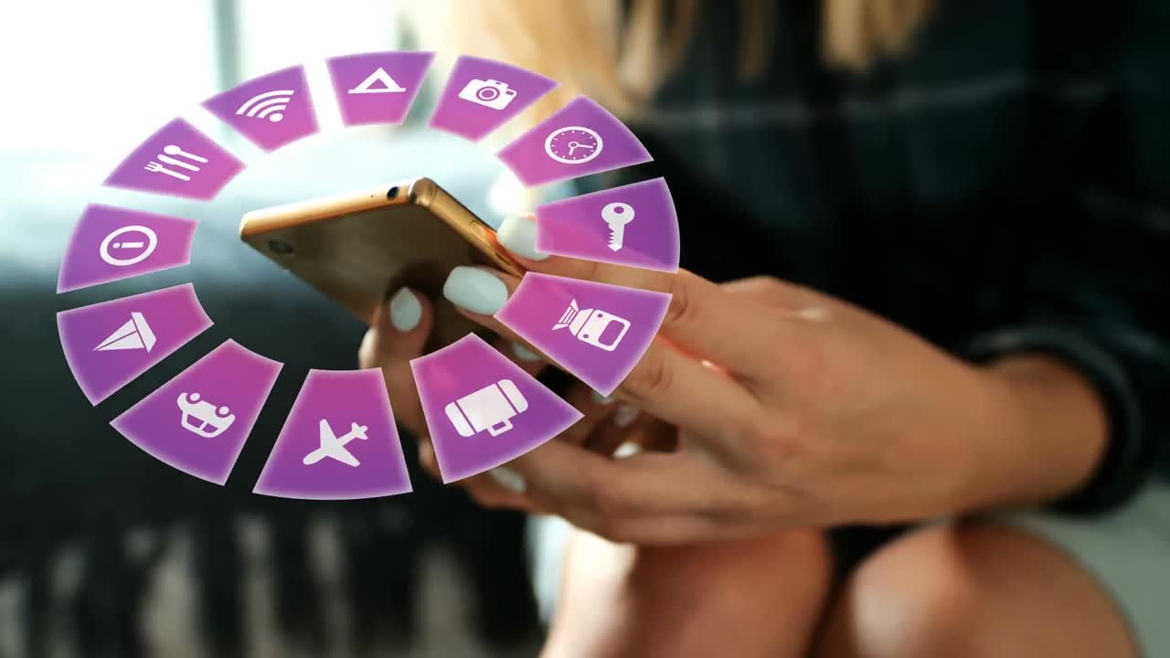 animación de iconos de viajes y mujer caucásica usando un teléfono inteligente