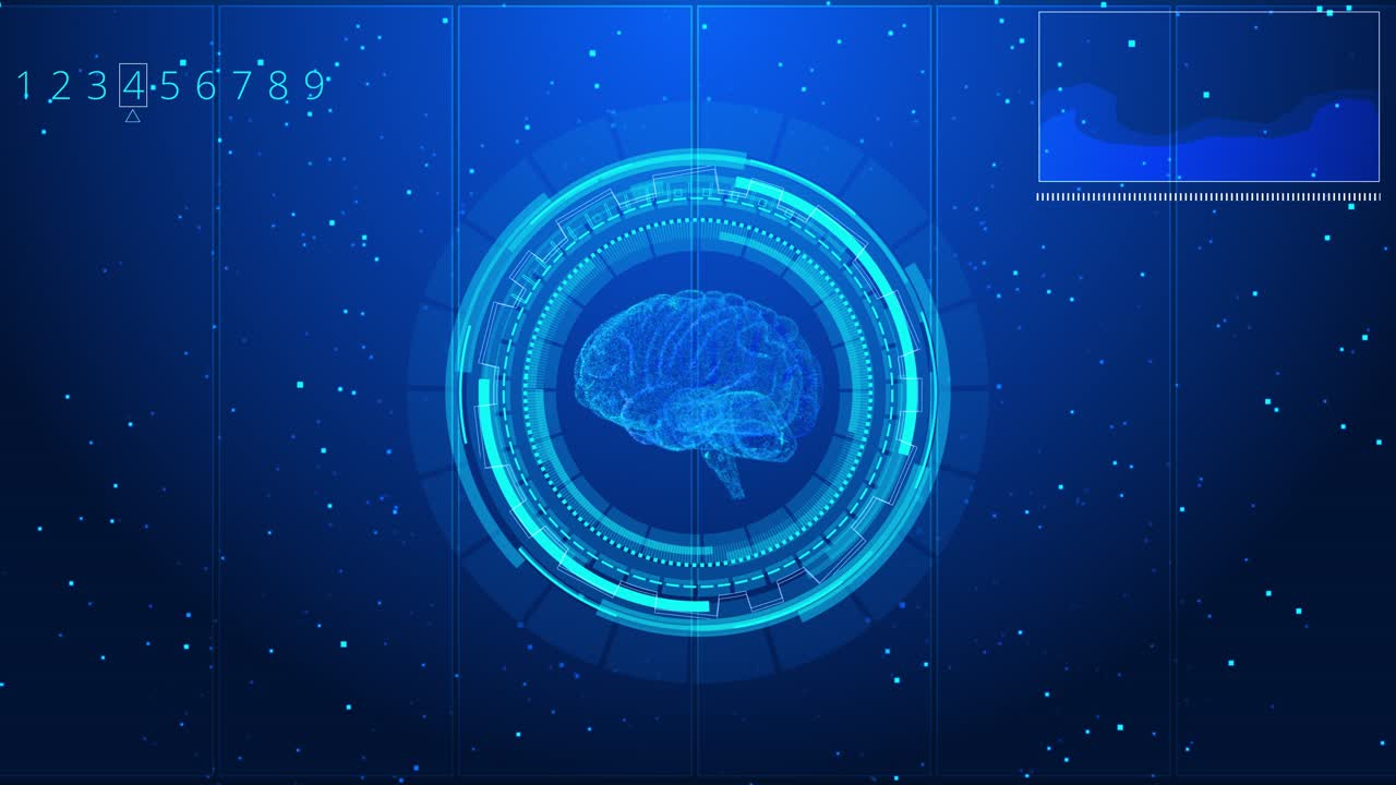 Futuristic digital hud interface brain icon glowing holographic display animation technology data