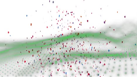 Animation-of-colourful-confetti-falling-over-undulating-green-contours-on-white-background