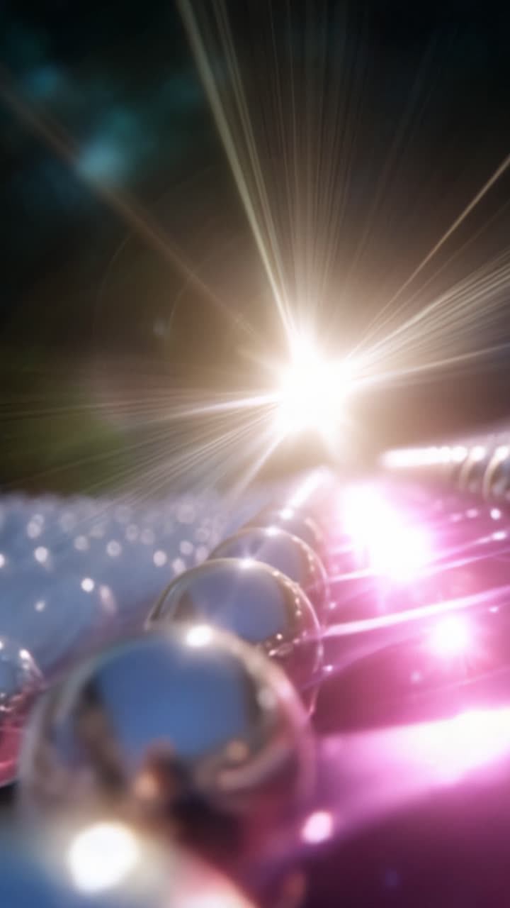 Superficie illuminata di sfere che riflettono luce radiosa con un'aura brillante, creando un'esperienza visiva mozzafiato di profondità e colore in forma astratta.