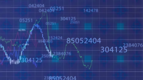animation of multiple graphs and changing numbers over squares against abstract background