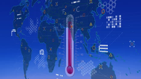 animación del procesamiento de datos financieros sobre el mapa del mundo sobre fondo azul