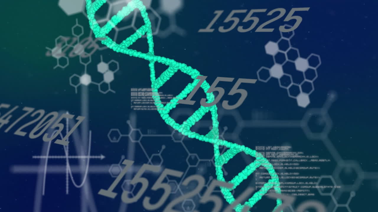 animación del procesamiento de datos sobre cadena de adn y fórmula química
