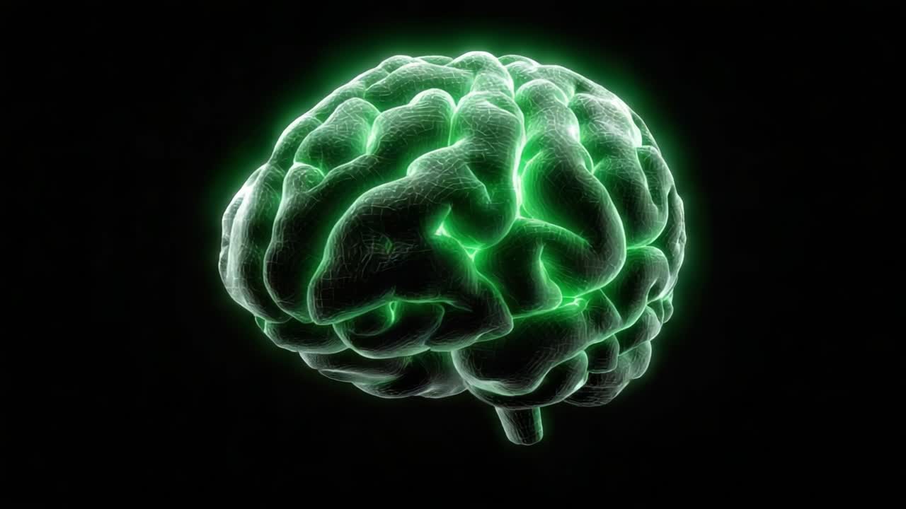 A Glowing Representation of the Human Brain Highlighting Neural Connections and Cognitive Power in a Dark Background with Green Luminescence