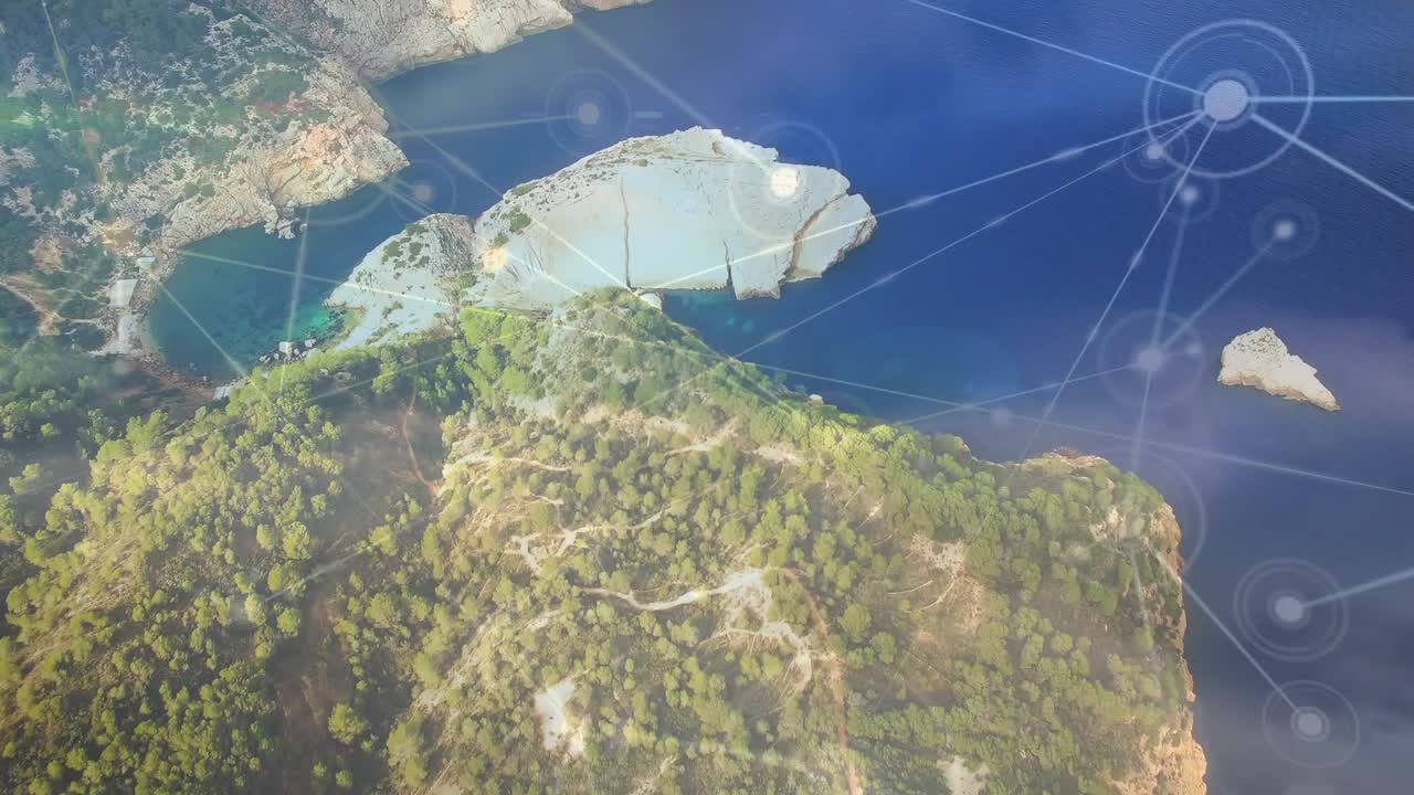 Camera shifting revealing wooded ridge and cove network nodes appearing and spreading mapping links