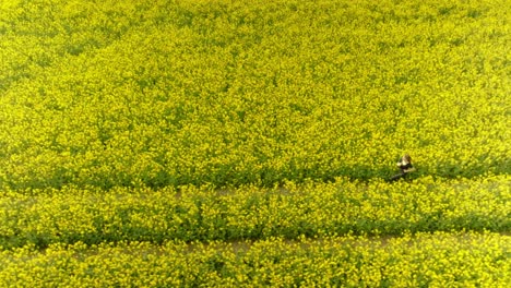 girl dramatically runs through a yellow field in slow motion