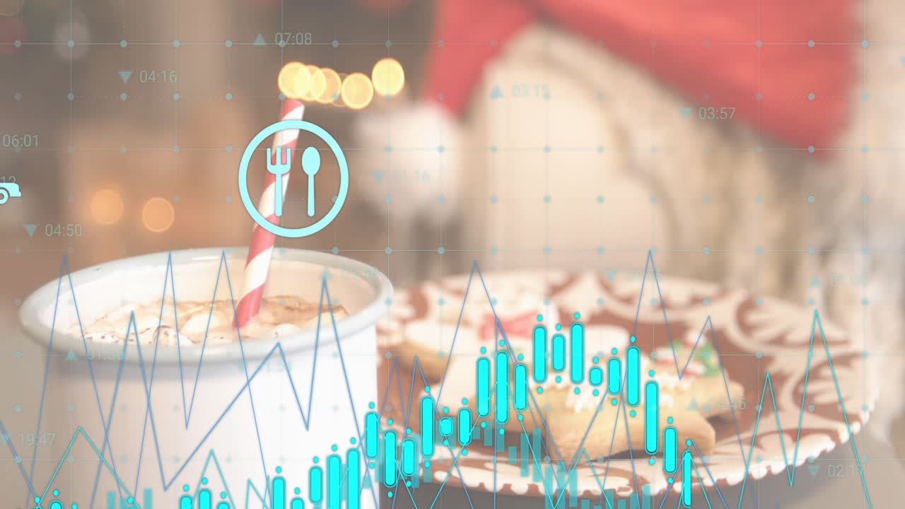 벽난로 선반 양말 위에 쌓이는 눈이 웨이브폼 펄싱을 시작하고 아이콘이 애니메이션되어 데이터를 보여줘요