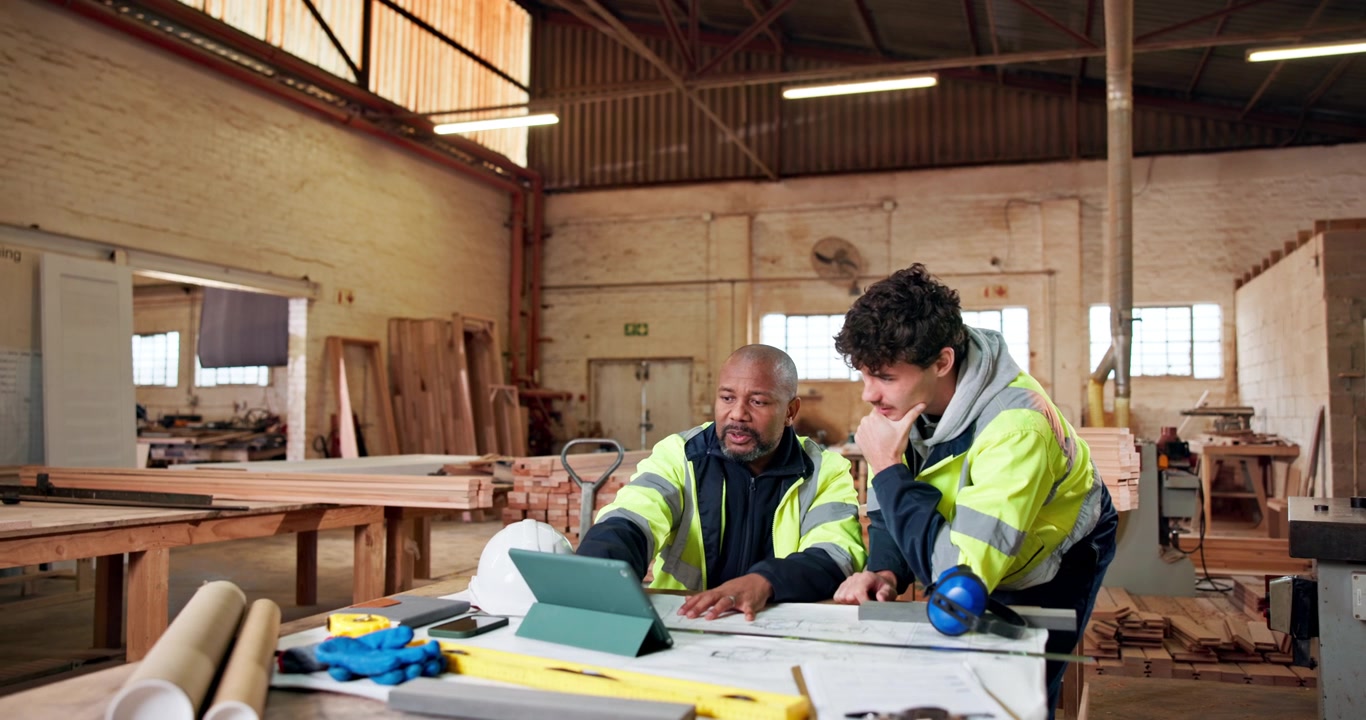 Construction Workers Reviewing Blueprints on Tablet in Workshop