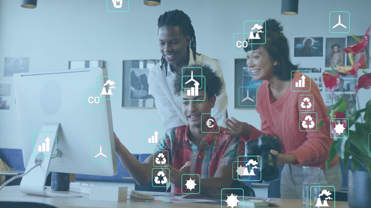 Animation of eco icons and data processing over diverse business people in office