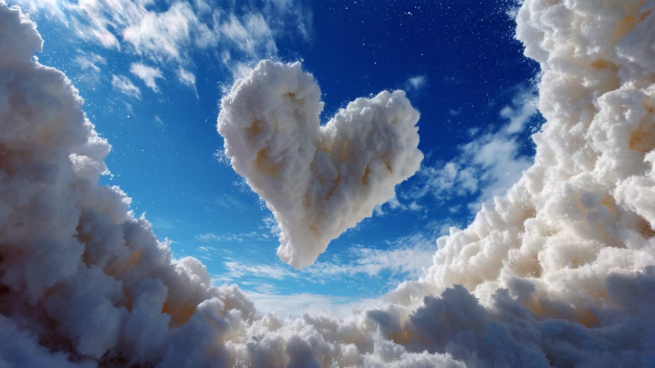 Heart-Shaped Cloud Formation Against a Bright Blue Sky, Symbolizing Love and Serenity, with Fluffy White Clouds Surrounding It, Creating a Dreamy Atmosphere of Peaceful Beauty