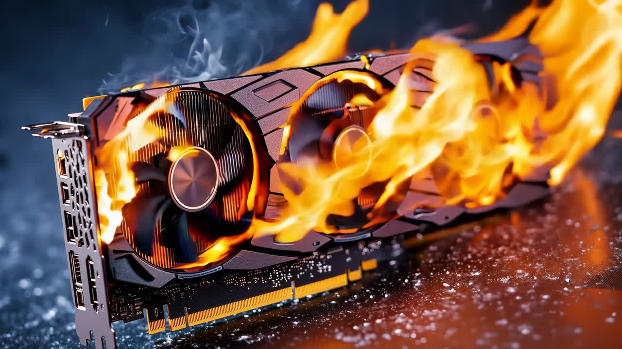 A close up of a video card with flames coming out of it