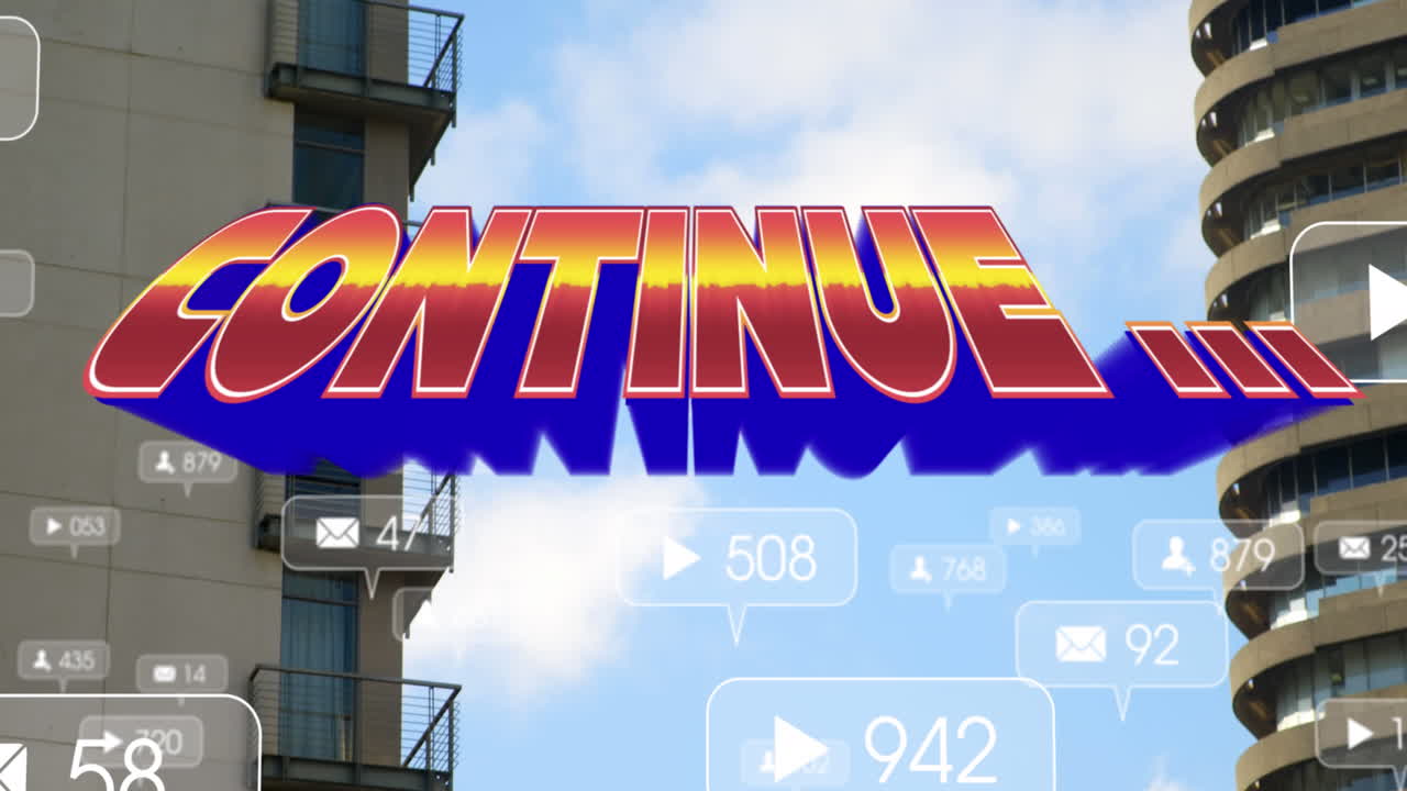 텍스트의 애니메이션이 계속되고, 파란 하늘과 도시 건물에 대한 소셜 미디어 알림이 계속됩니다.