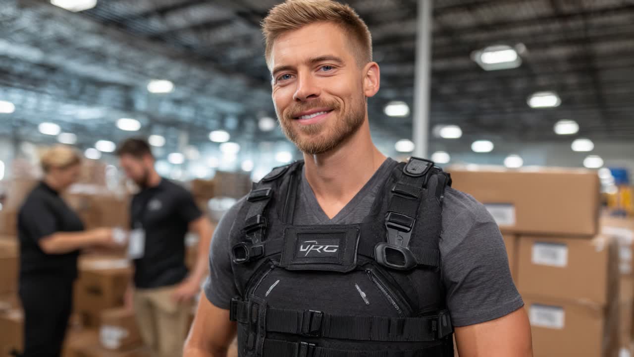 Smiling Man in Tactical Gear Poses with Confidence in a Busy Warehouse Environment, Showcasing Modern Technology and Team Collaboration