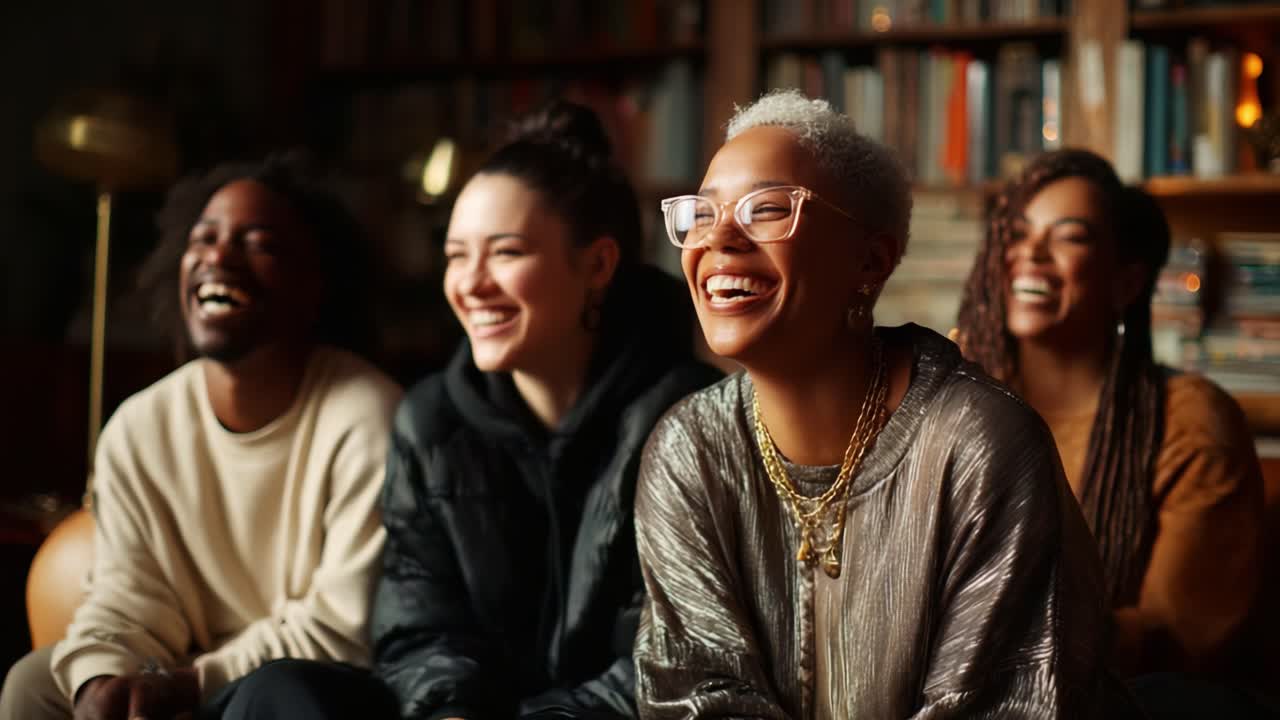 A Joyful Gathering of Friends Cherishing Moments Together, Filled with Laughter and Connection, Captured in a Cozy Setting Surrounded by Books and Warmth