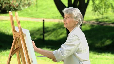 Alte-Frau-Malt-Eine-Weiße-Leinwand-Im-Park