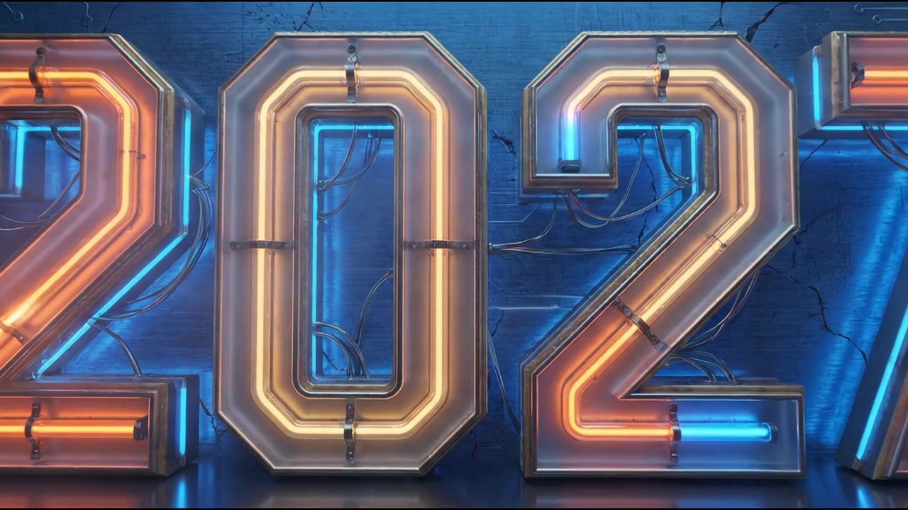 Neon 2027 Sign with Glowing Lights on Textured Blue Background