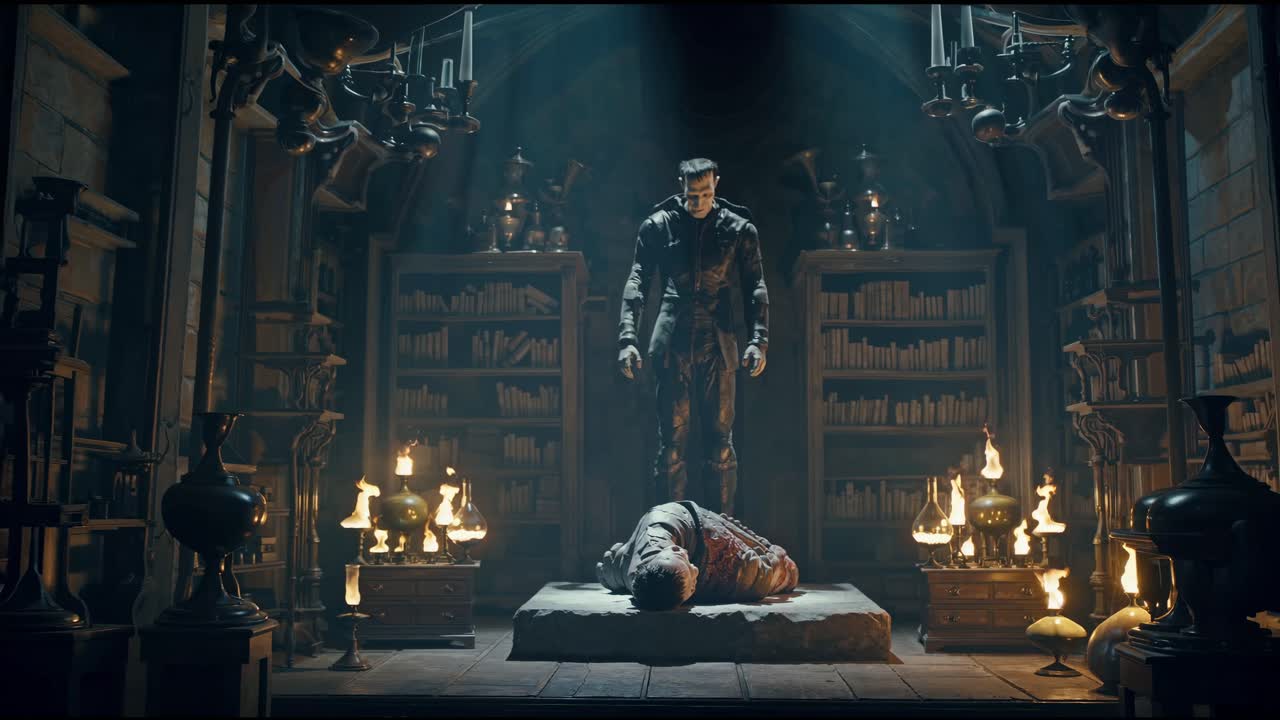 Gothic video scene with a low-angle view of a dark library. A standing figure looms over a figure