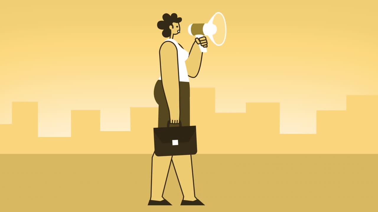 Yellow Style Woman with Briefcase Flat Character Walking and Speaking into Loudspeaker. Isolated Loop Animation with Alpha Channel