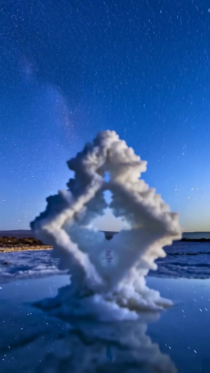 Video verticale: Tramonto che svanisce, cristallo che si sfoca su uno specchio di sale vicino alla riva, cielo che rivela la Via Lattea