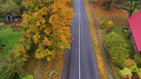 countryside village divided with asphalt road in autumn season, aerial view