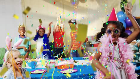 animation of multi coloured confetti falling over children at party