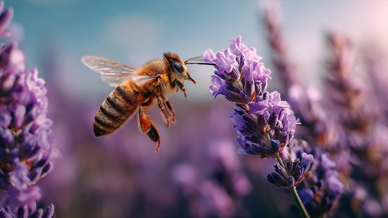 A Vibrant Bee Pollinates a Lavish Bloom of Lavender, Showcasing the Intricate Dance of Nature's Harmony in a Breathtaking Floral Landscape Under Soft Sunlight