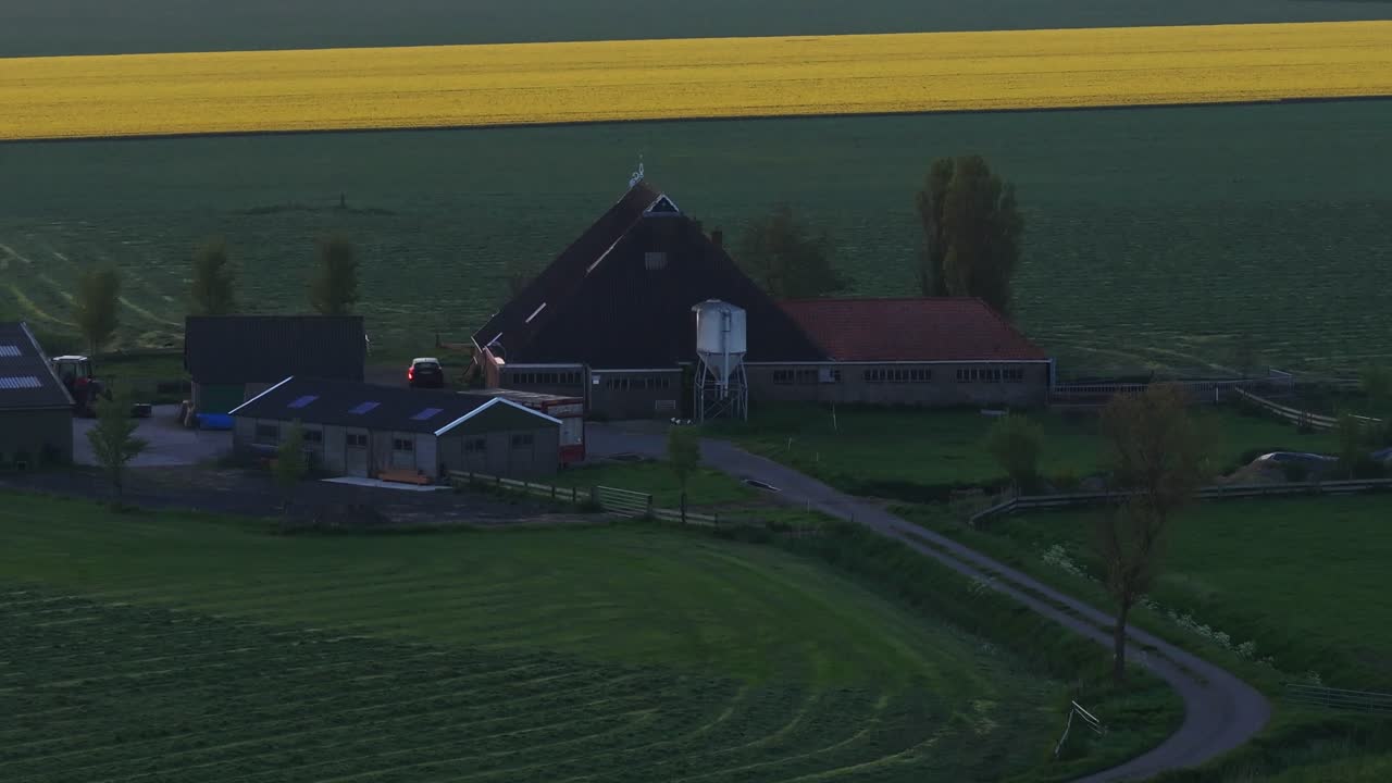 Aerial view of Cornwerd with windmill, windturbine, sunrise, showing calm rural scenery in Netherlands