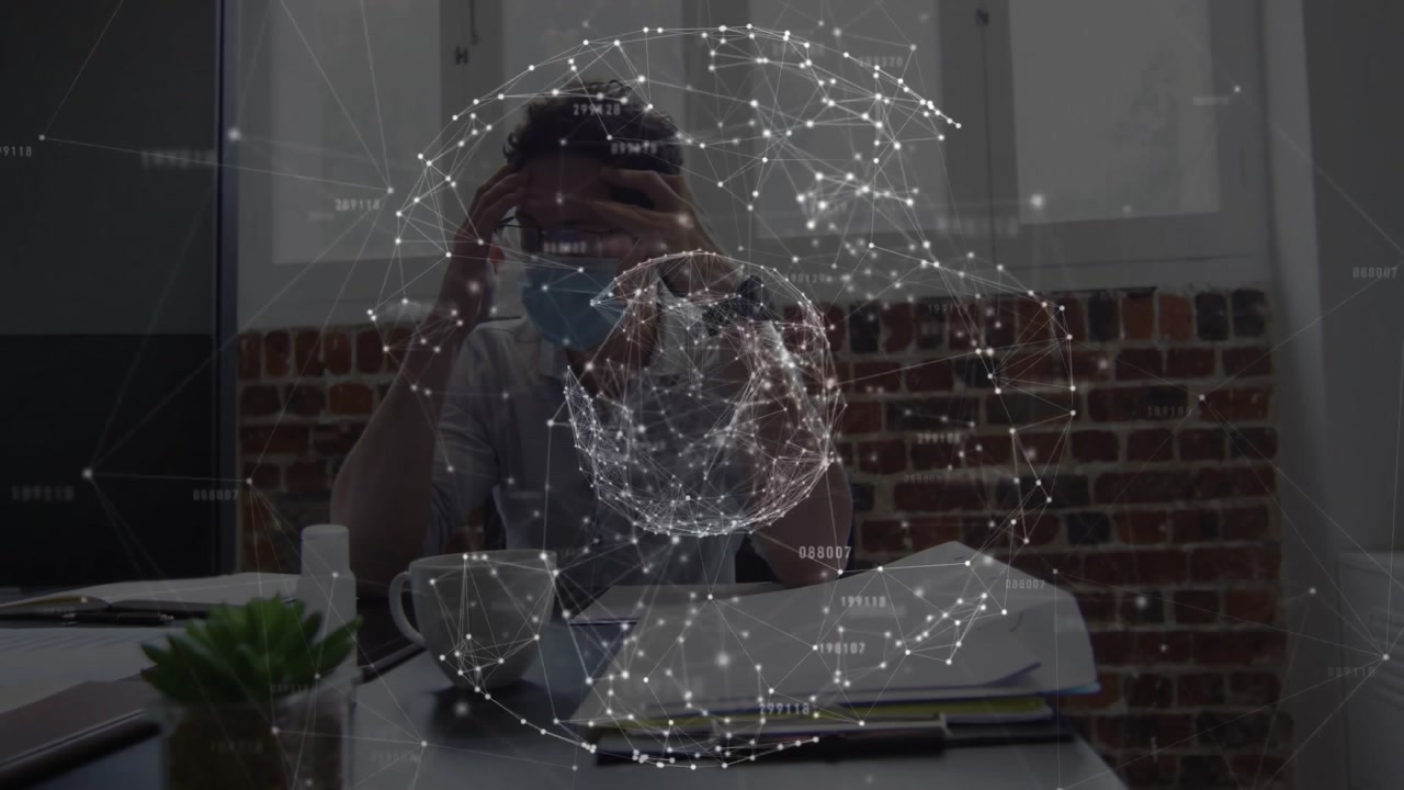 woman adjusting eyeglasses at tech workspace desk, with smartphone and holographic network overlay