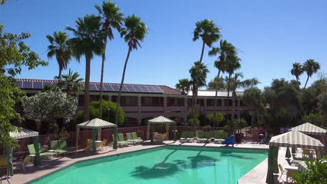 an establishing shot of a generic motel pool surrounded by palm trees