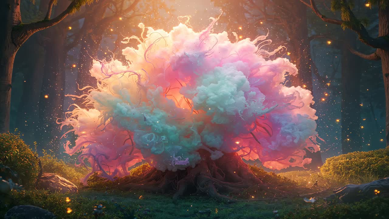 Reacting to inner glow, magical tree swelling pastel canopy in forest clearing, scattering motes