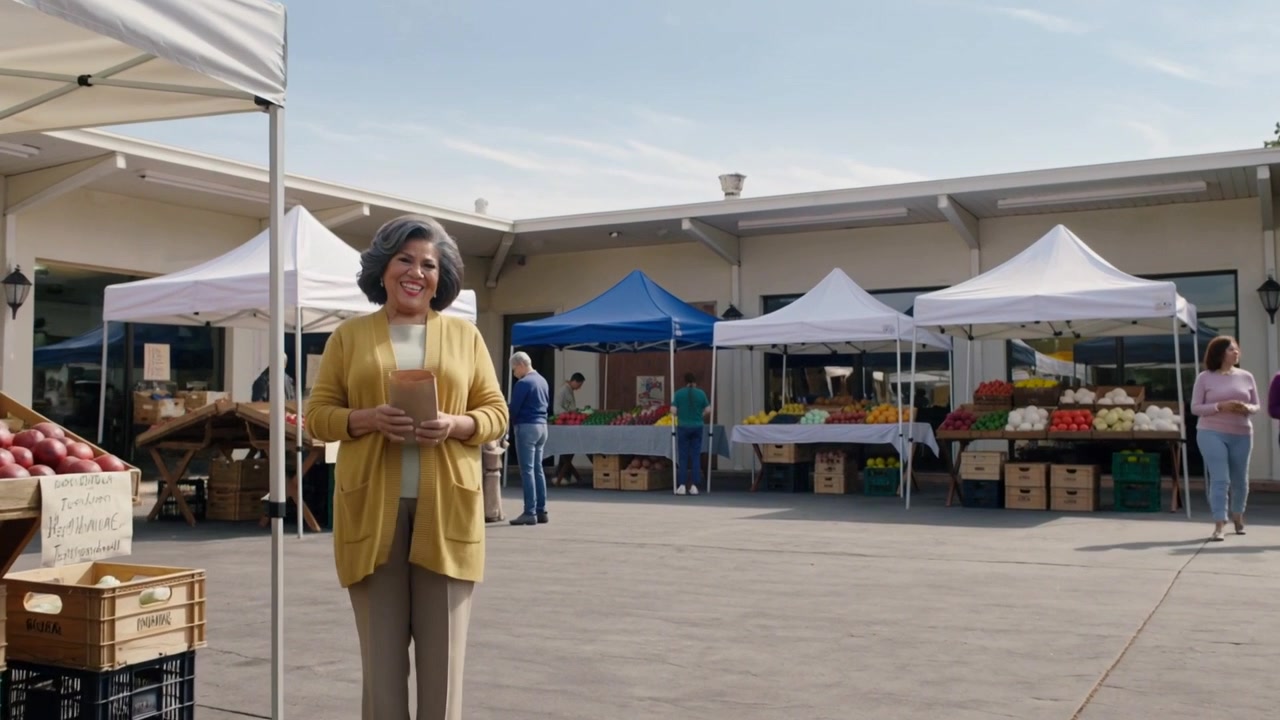 Una donna anziana in maglione giallo con una pagnotta al mercato saluta, reagisce alla telecamera e invita gli acquirenti.