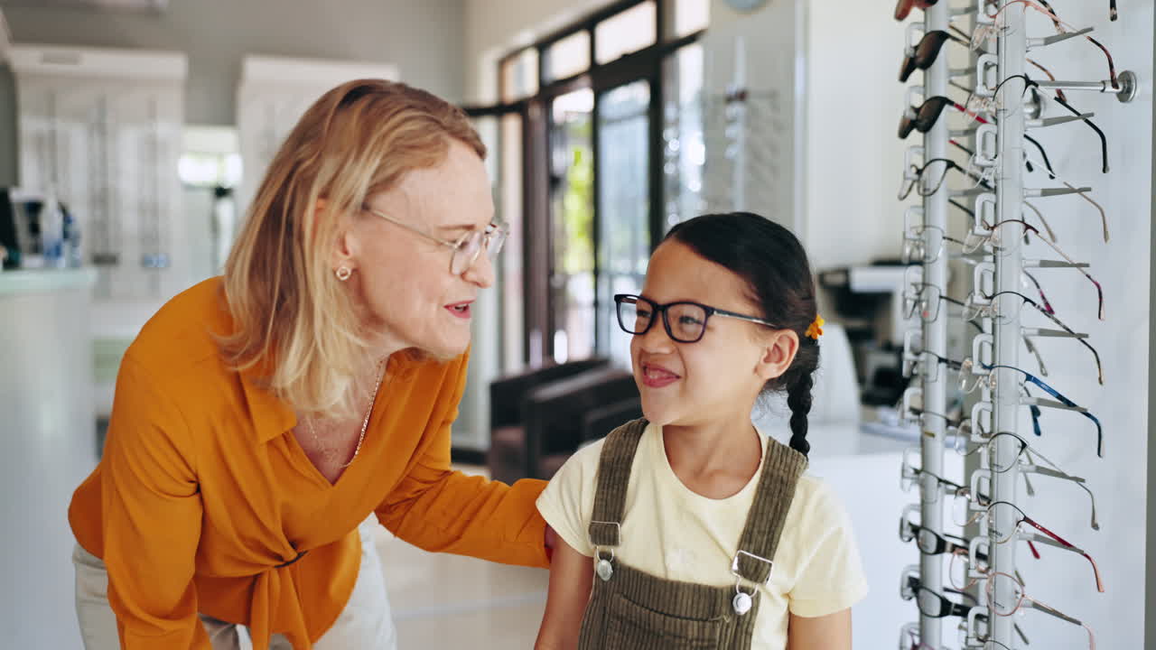 Woman, child and choice for glasses