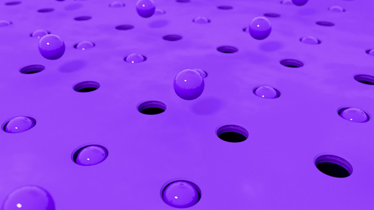 Abstract 3d shapes purple balls flying in holes in different pastel colors. 4K computer rendering loop animation.